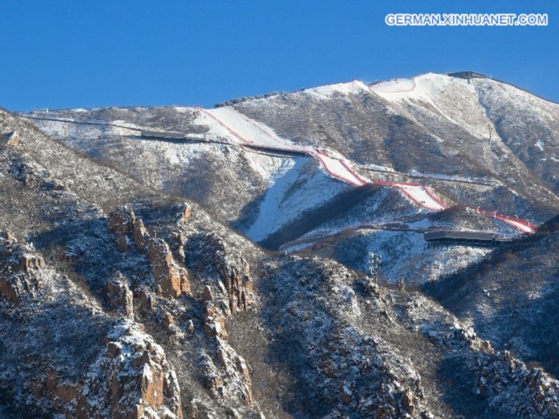 Die verschneite Wettkampfzone in Yanqing während Beijing 2022